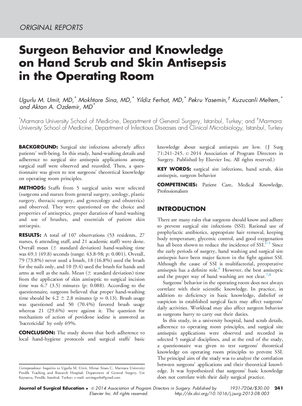 Surgeon Behavior and Knowledge on Hand Scrub and Skin Antisepsis in the Operating Room