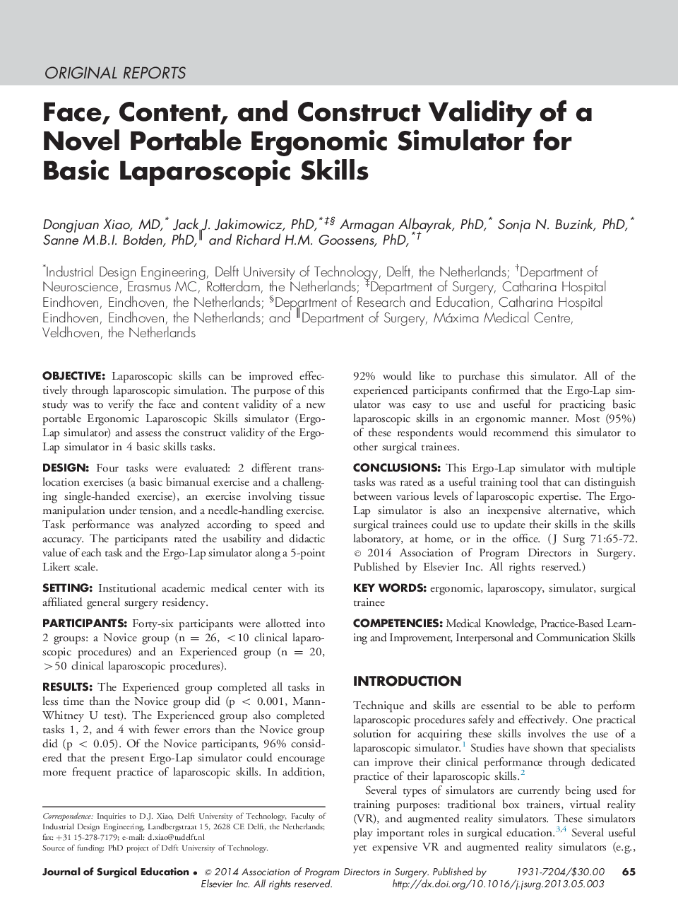 Face, Content, and Construct Validity of a Novel Portable Ergonomic Simulator for Basic Laparoscopic Skills 