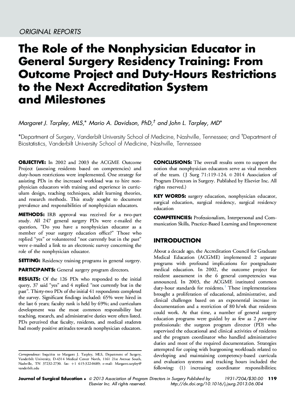 The Role of the Nonphysician Educator in General Surgery Residency Training: From Outcome Project and Duty-Hours Restrictions to the Next Accreditation System and Milestones