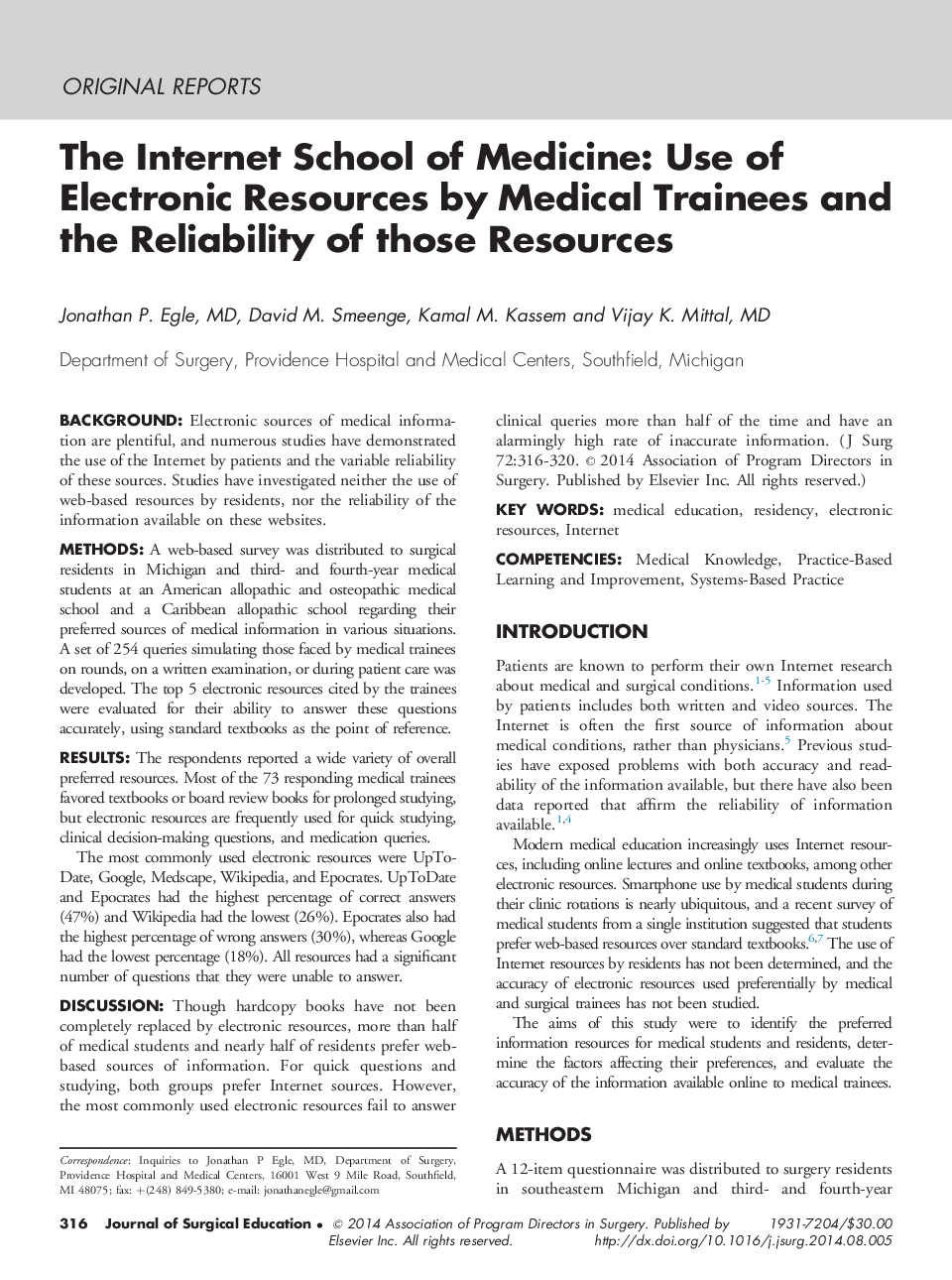 The Internet School of Medicine: Use of Electronic Resources by Medical Trainees and the Reliability of those Resources