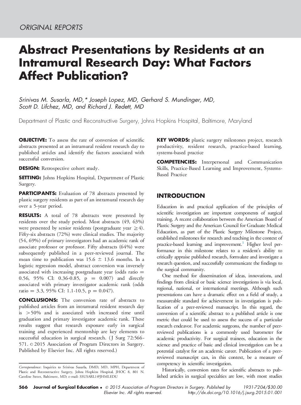 Abstract Presentations by Residents at an Intramural Research Day: What Factors Affect Publication?