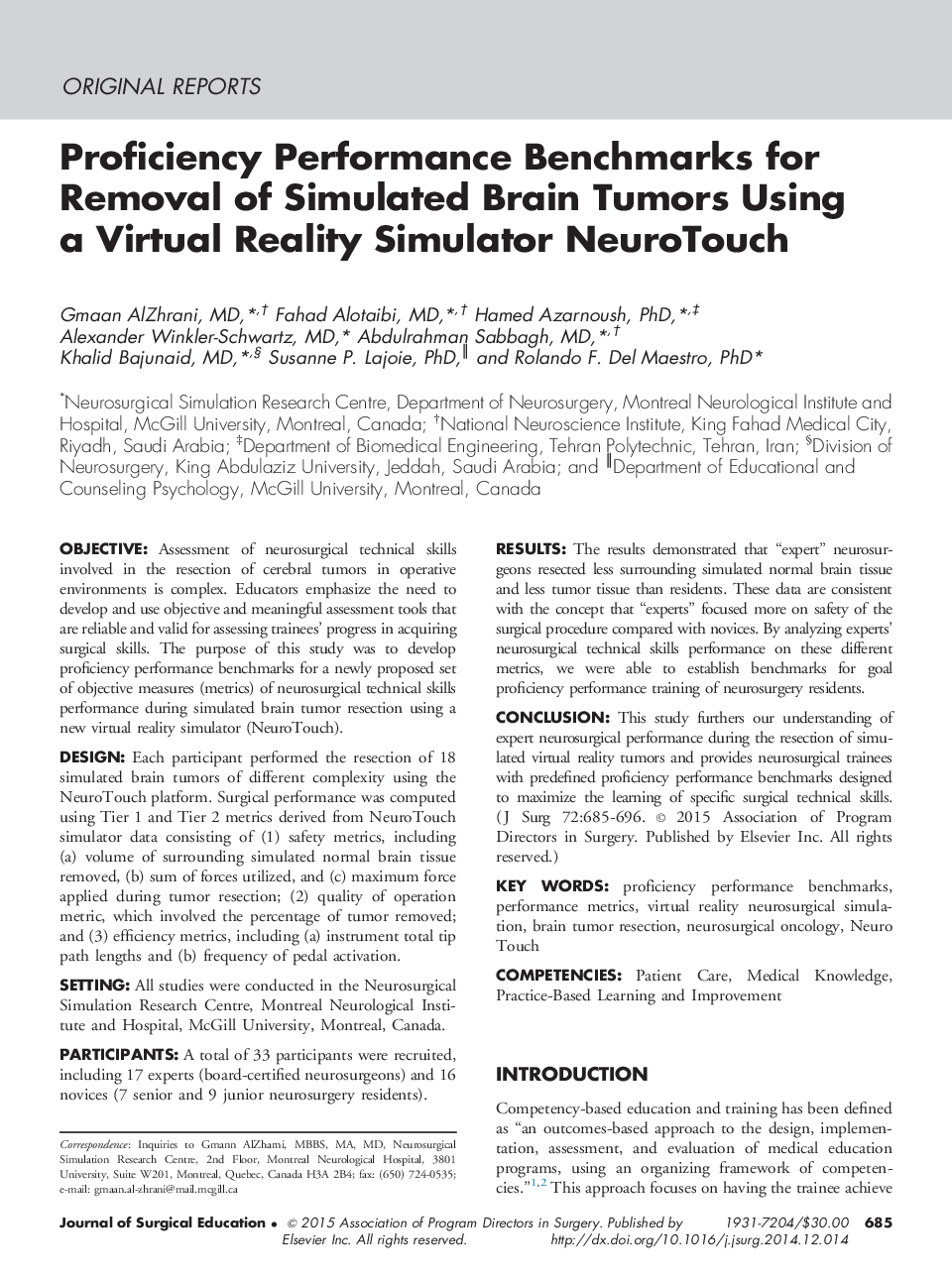 Proficiency Performance Benchmarks for Removal of Simulated Brain Tumors Using a Virtual Reality Simulator NeuroTouch