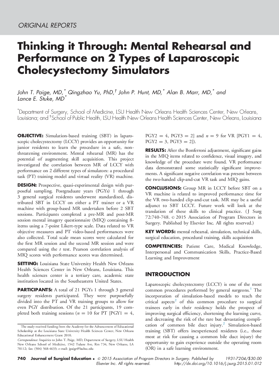 Thinking it Through: Mental Rehearsal and Performance on 2 Types of Laparoscopic Cholecystectomy Simulators 