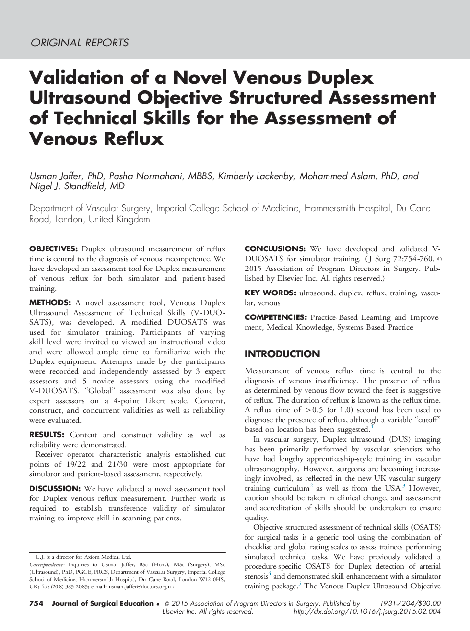 Validation of a Novel Venous Duplex Ultrasound Objective Structured Assessment of Technical Skills for the Assessment of Venous Reflux 