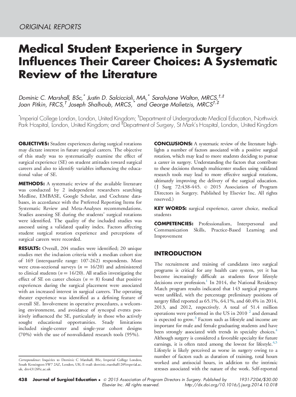 Medical Student Experience in Surgery Influences Their Career Choices: A Systematic Review of the Literature