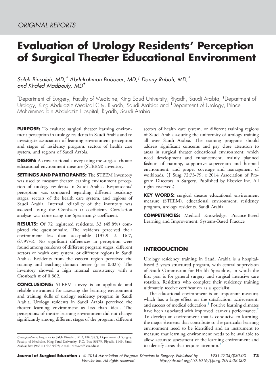 Evaluation of Urology Residents’ Perception of Surgical Theater Educational Environment