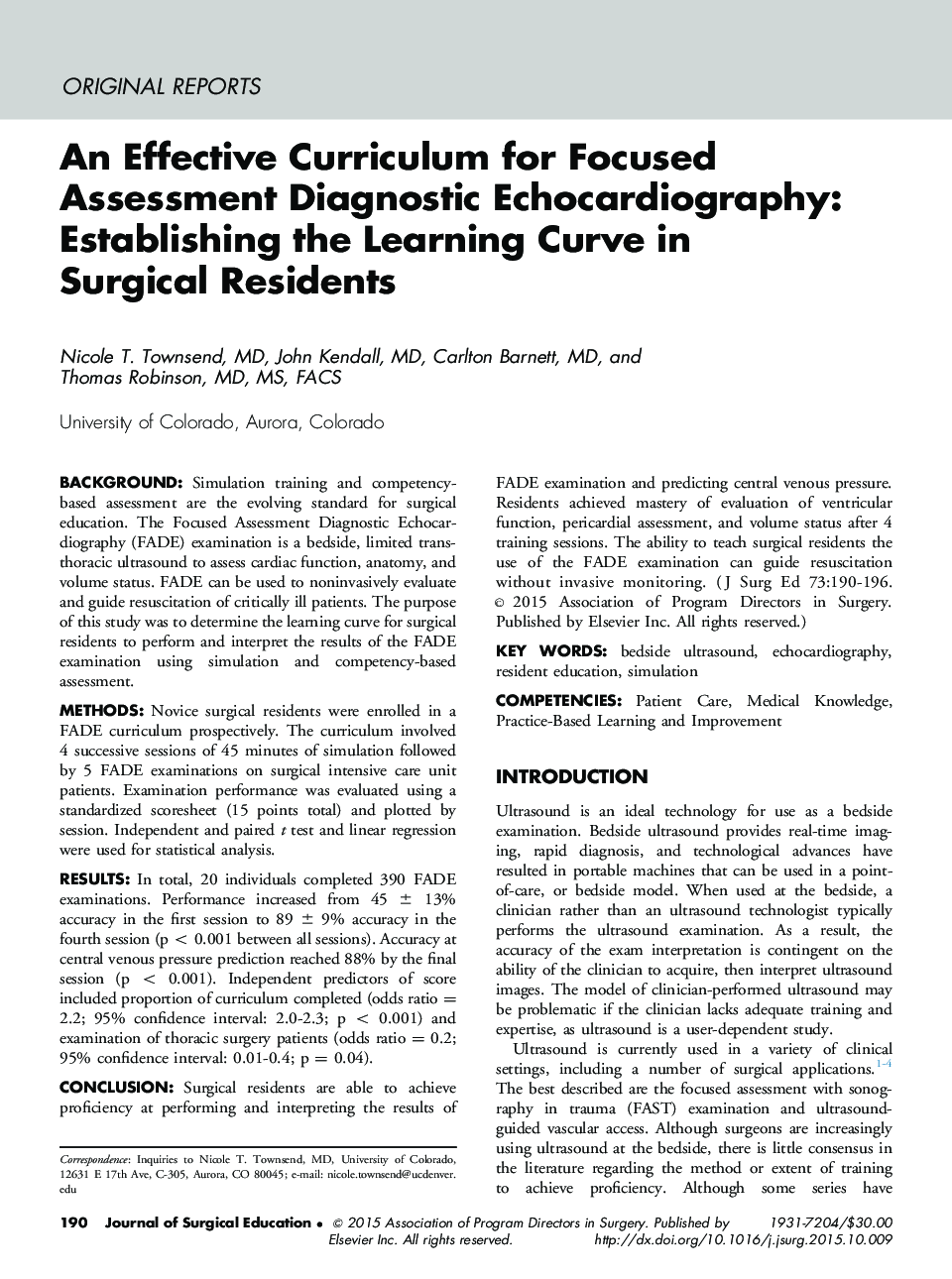 An Effective Curriculum for Focused Assessment Diagnostic Echocardiography: Establishing the Learning Curve in Surgical Residents