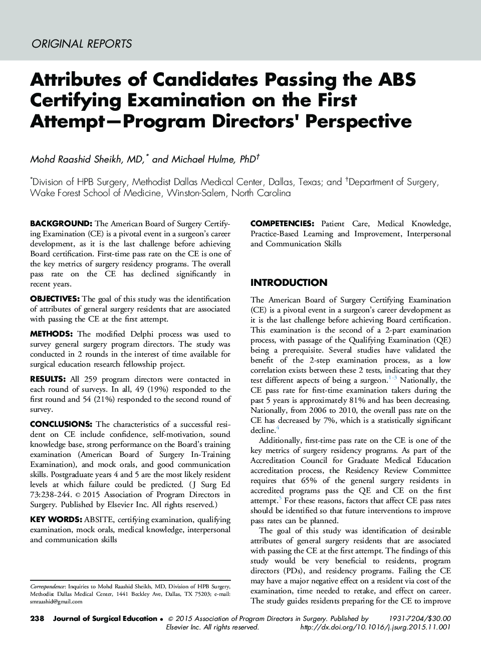 Attributes of Candidates Passing the ABS Certifying Examination on the First Attempt—Program Directors׳ Perspective