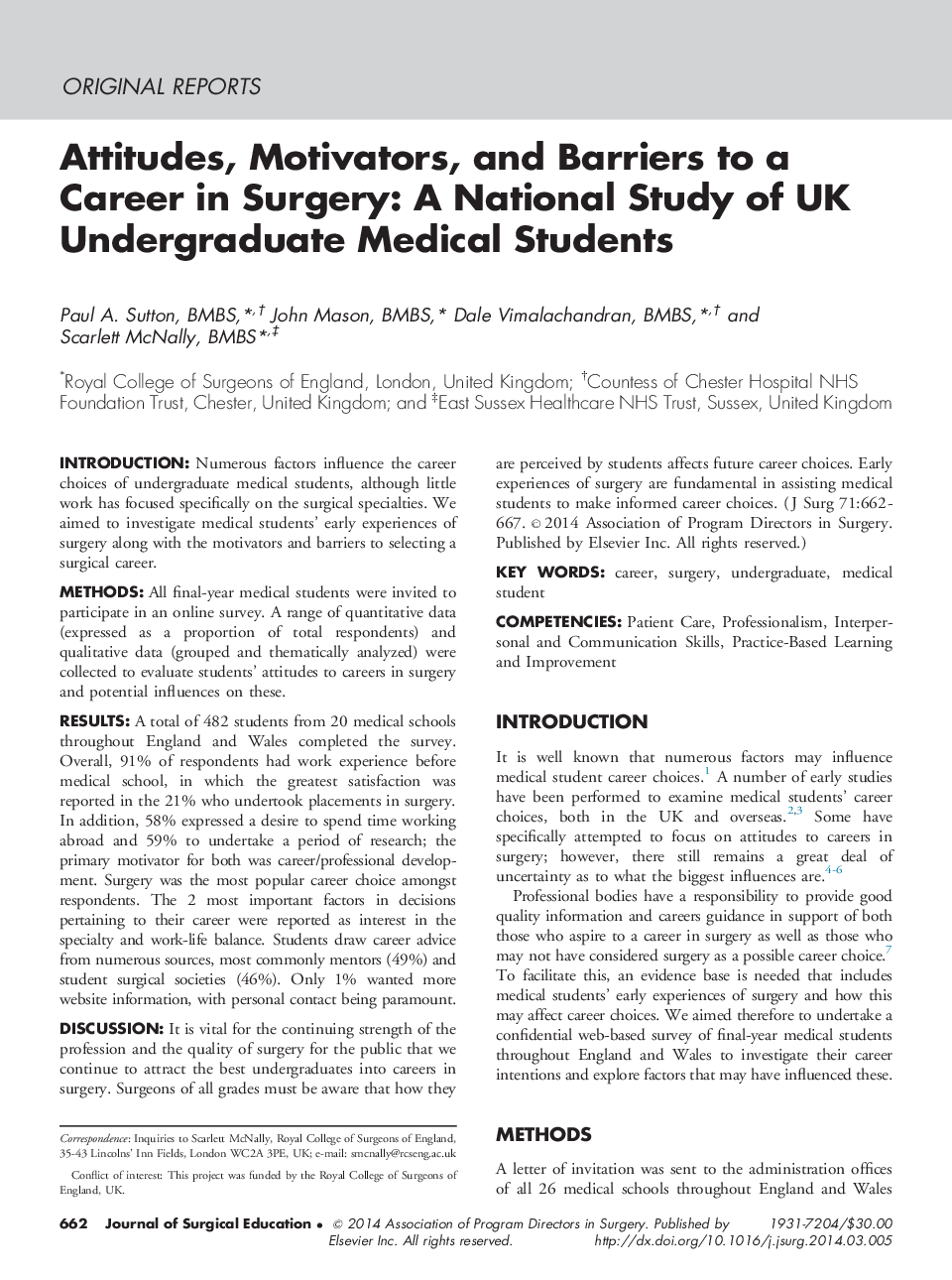 Attitudes, Motivators, and Barriers to a Career in Surgery: A National Study of UK Undergraduate Medical Students 