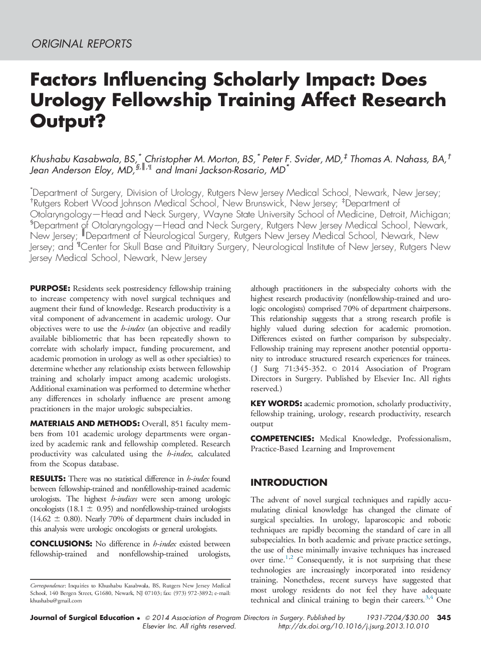 Factors Influencing Scholarly Impact: Does Urology Fellowship Training Affect Research Output?