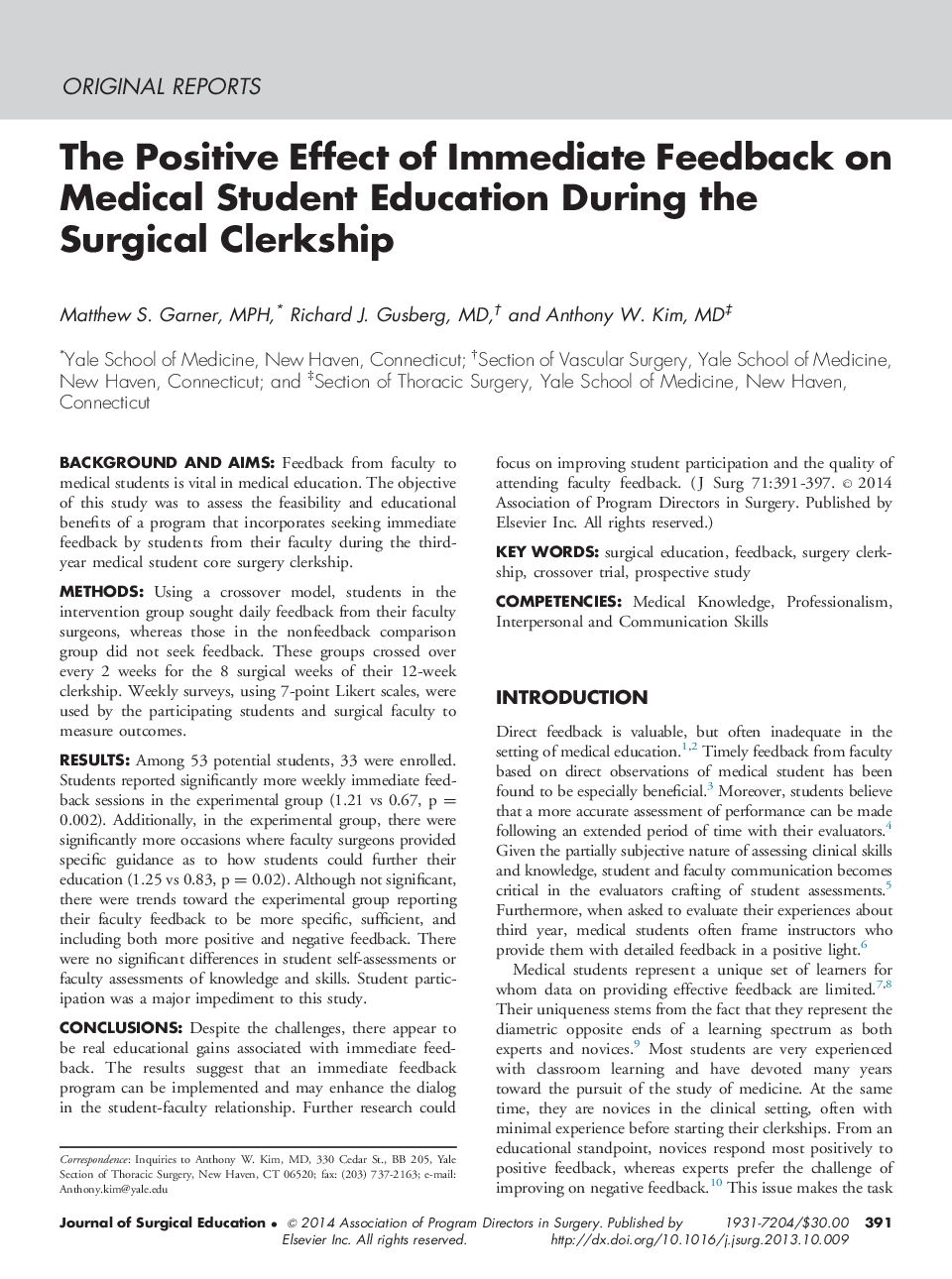 The Positive Effect of Immediate Feedback on Medical Student Education During the Surgical Clerkship