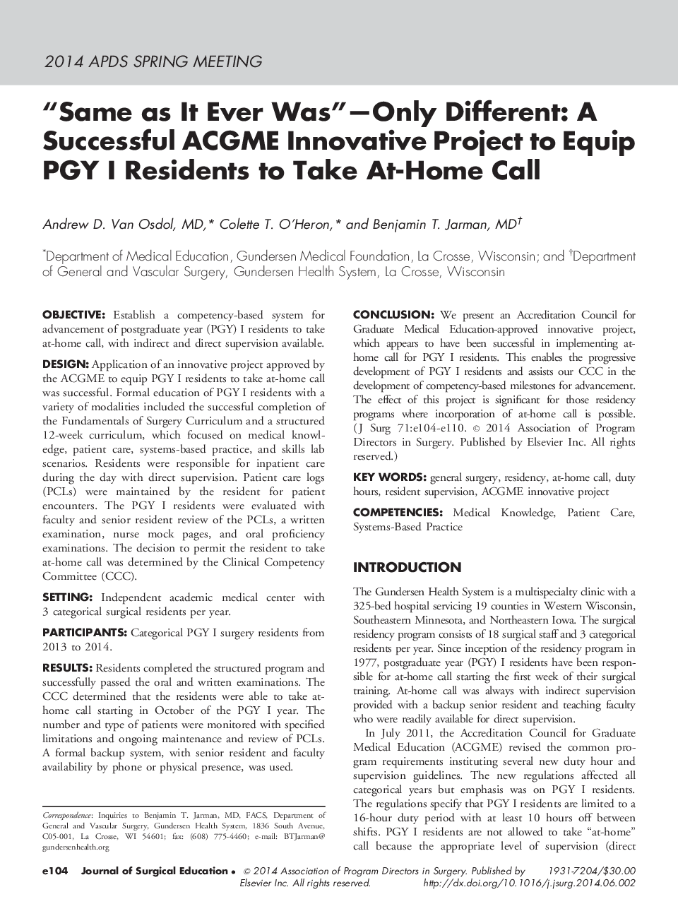 “Same as It Ever Was”—Only Different: A Successful ACGME Innovative Project to Equip PGY I Residents to Take At-Home Call