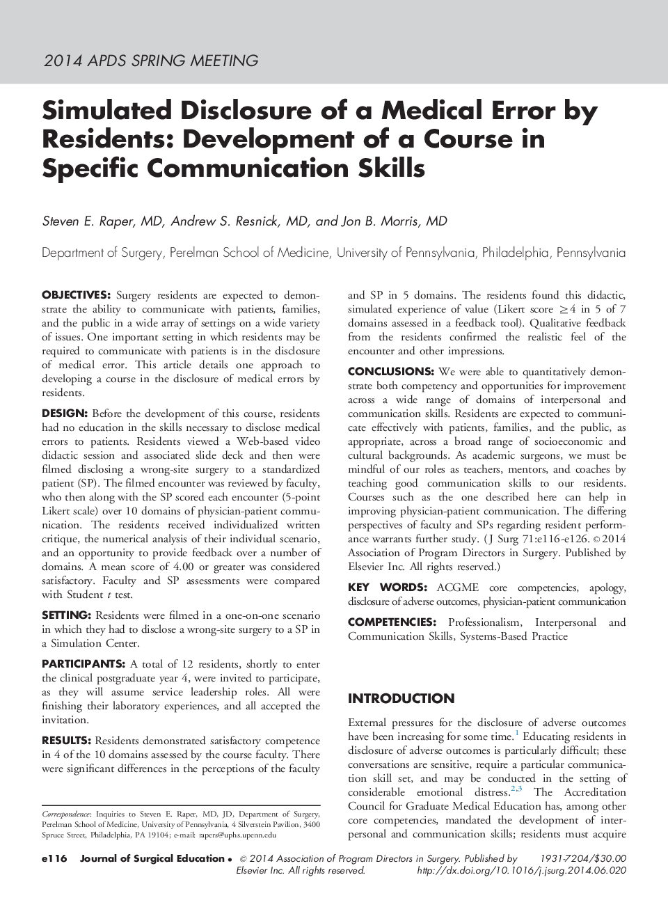 Simulated Disclosure of a Medical Error by Residents: Development of a Course in Specific Communication Skills