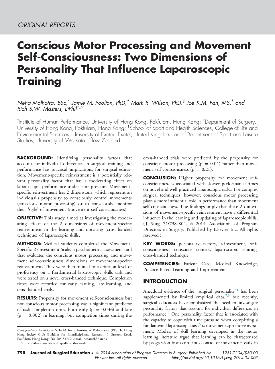 Conscious Motor Processing and Movement Self-Consciousness: Two Dimensions of Personality That Influence Laparoscopic Training 