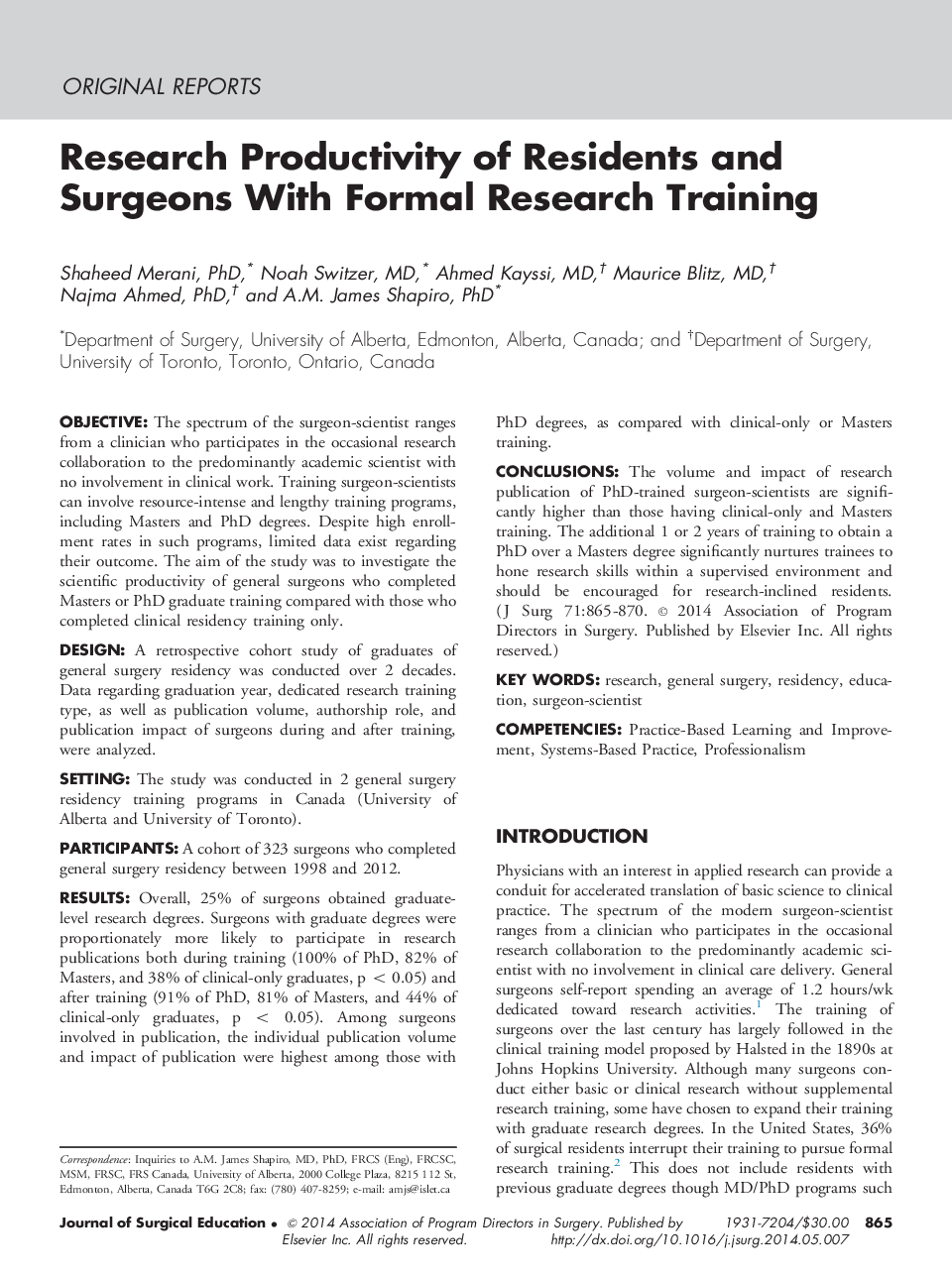 Research Productivity of Residents and Surgeons With Formal Research Training