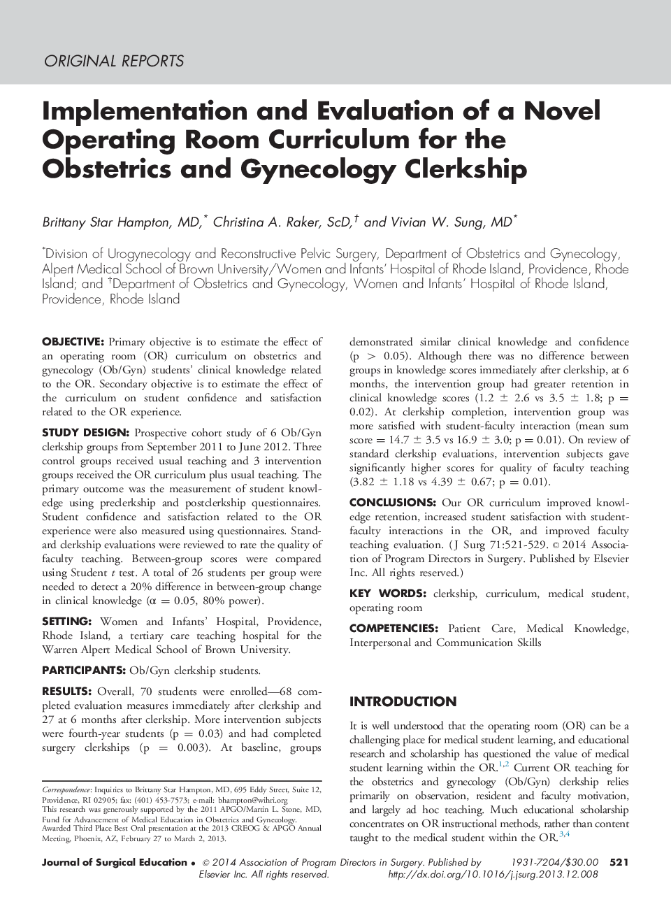 Implementation and Evaluation of a Novel Operating Room Curriculum for the Obstetrics and Gynecology Clerkship 