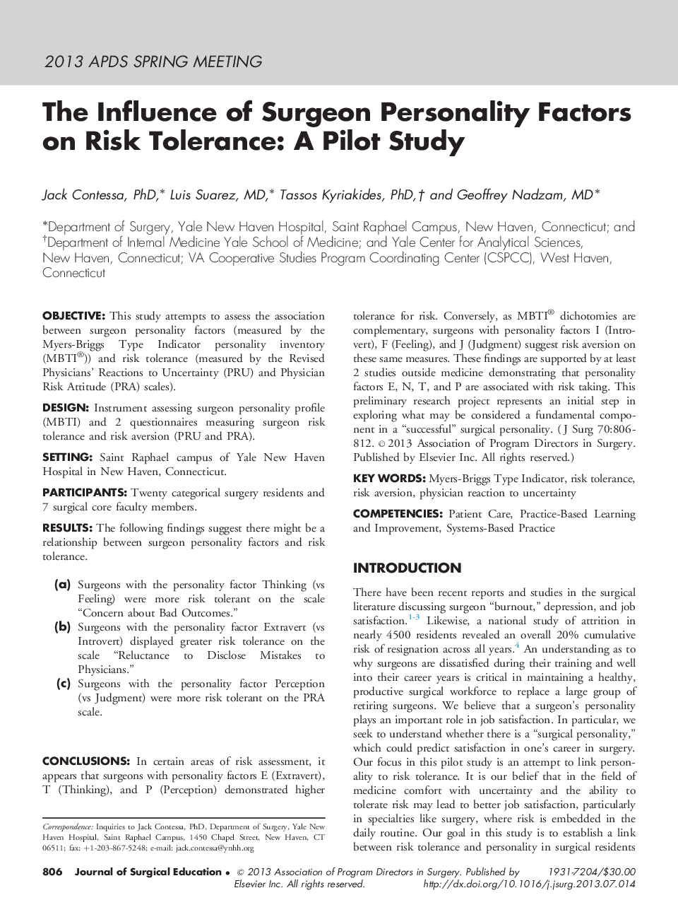 The Influence of Surgeon Personality Factors on Risk Tolerance: A Pilot Study