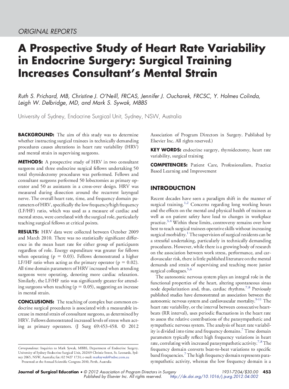 A Prospective Study of Heart Rate Variability in Endocrine Surgery: Surgical Training Increases Consultant's Mental Strain