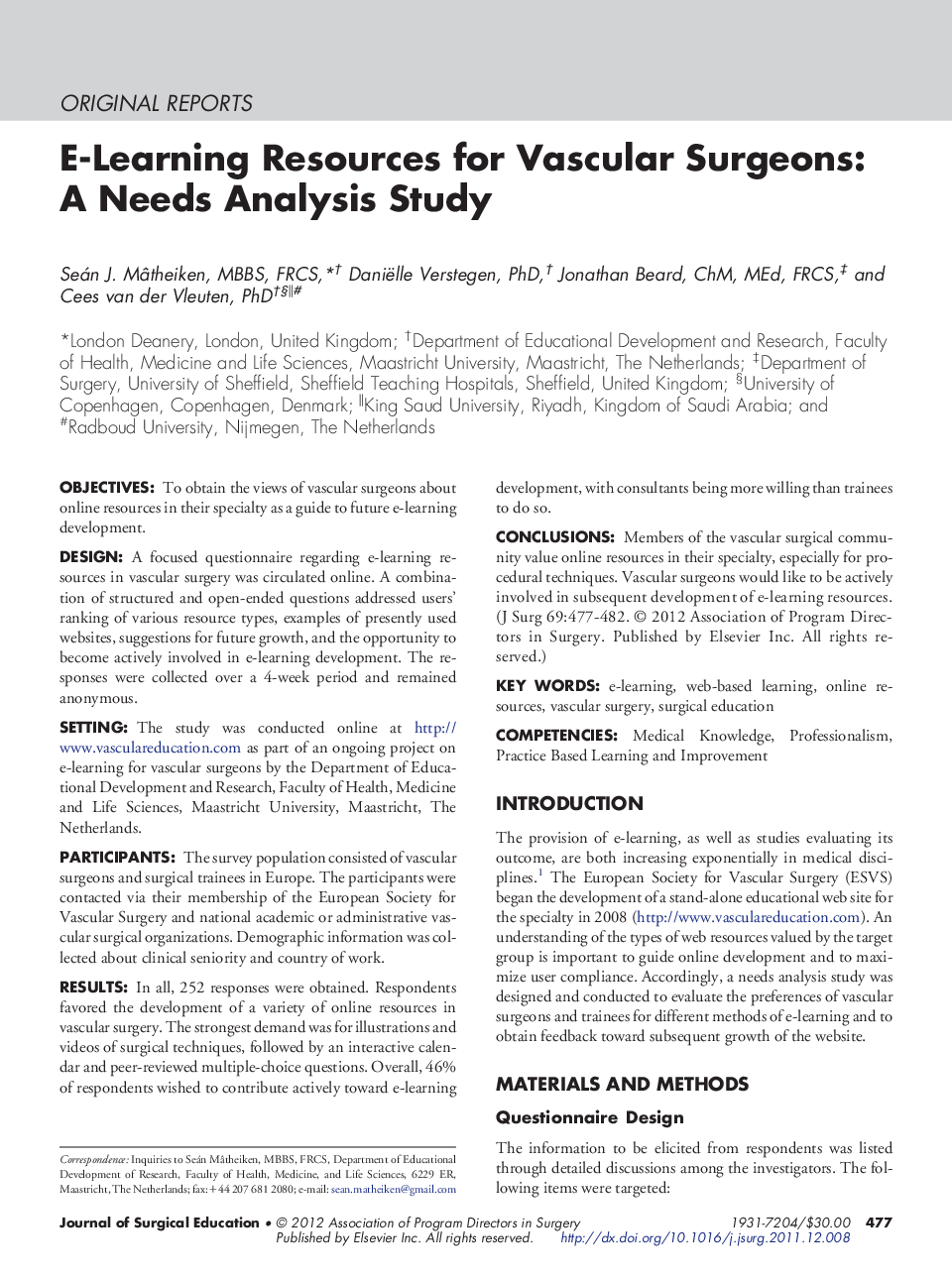 E-Learning Resources for Vascular Surgeons: A Needs Analysis Study