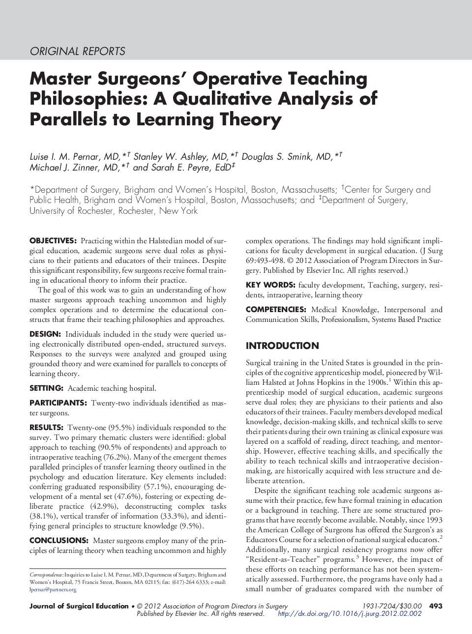 Master Surgeons' Operative Teaching Philosophies: A Qualitative Analysis of Parallels to Learning Theory