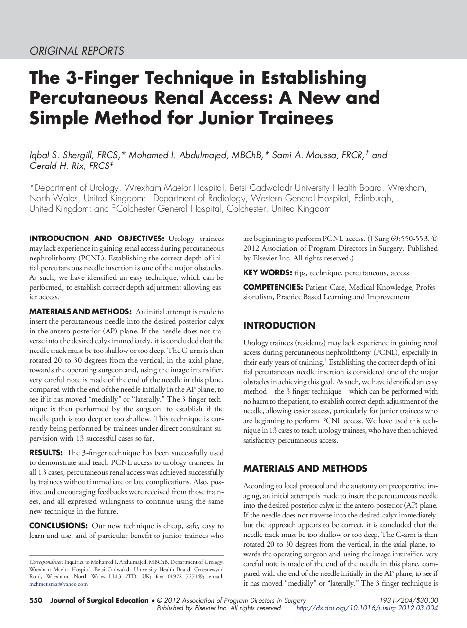 The 3-Finger Technique in Establishing Percutaneous Renal Access: A New and Simple Method for Junior Trainees