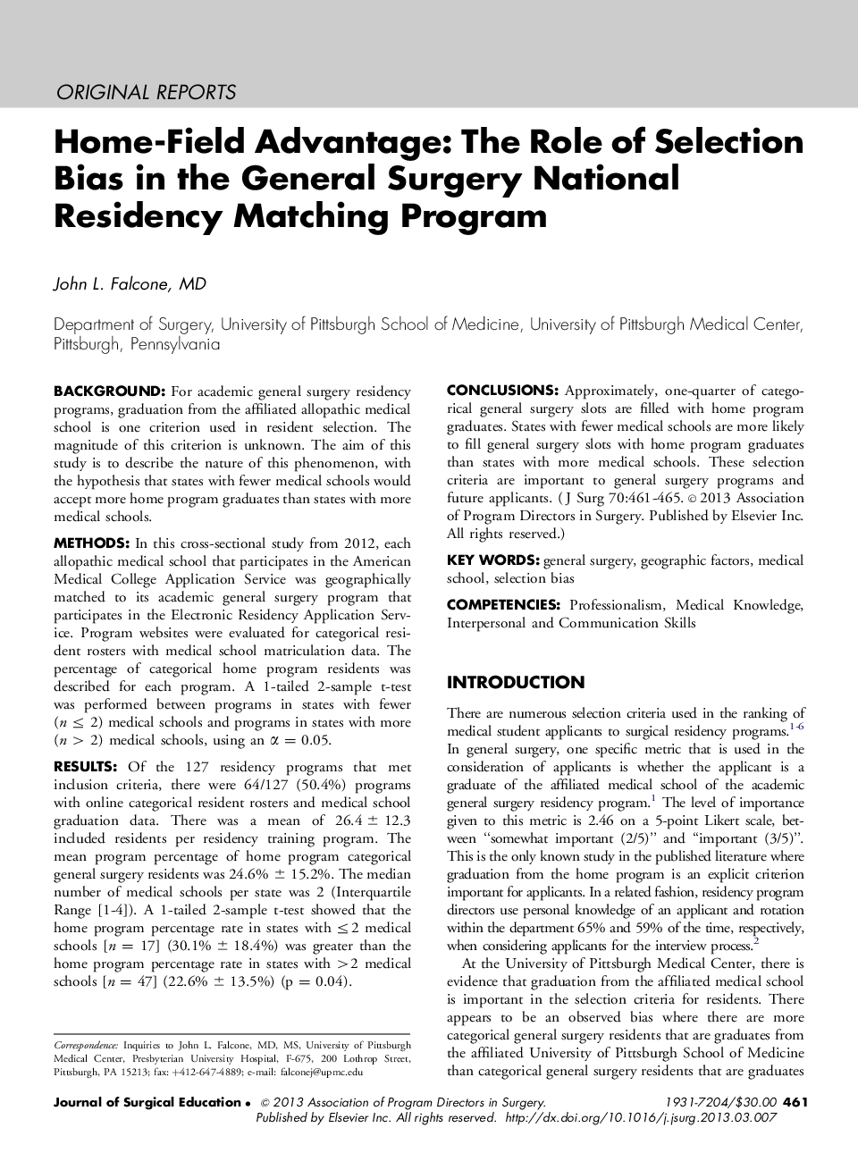 Home-Field Advantage: The Role of Selection Bias in the General Surgery National Residency Matching Program