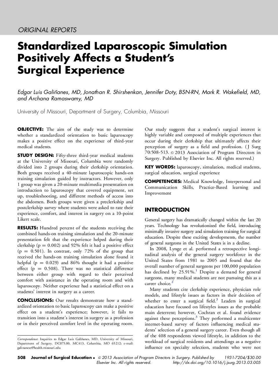 Standardized Laparoscopic Simulation Positively Affects a Student's Surgical Experience