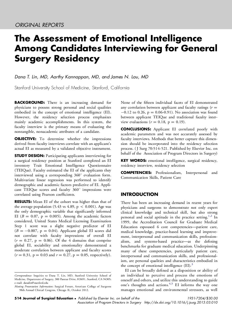 The Assessment of Emotional Intelligence Among Candidates Interviewing for General Surgery Residency 