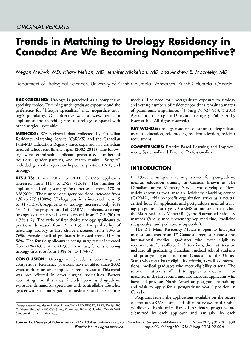 Trends in Matching to Urology Residency in Canada: Are We Becoming Noncompetitive?