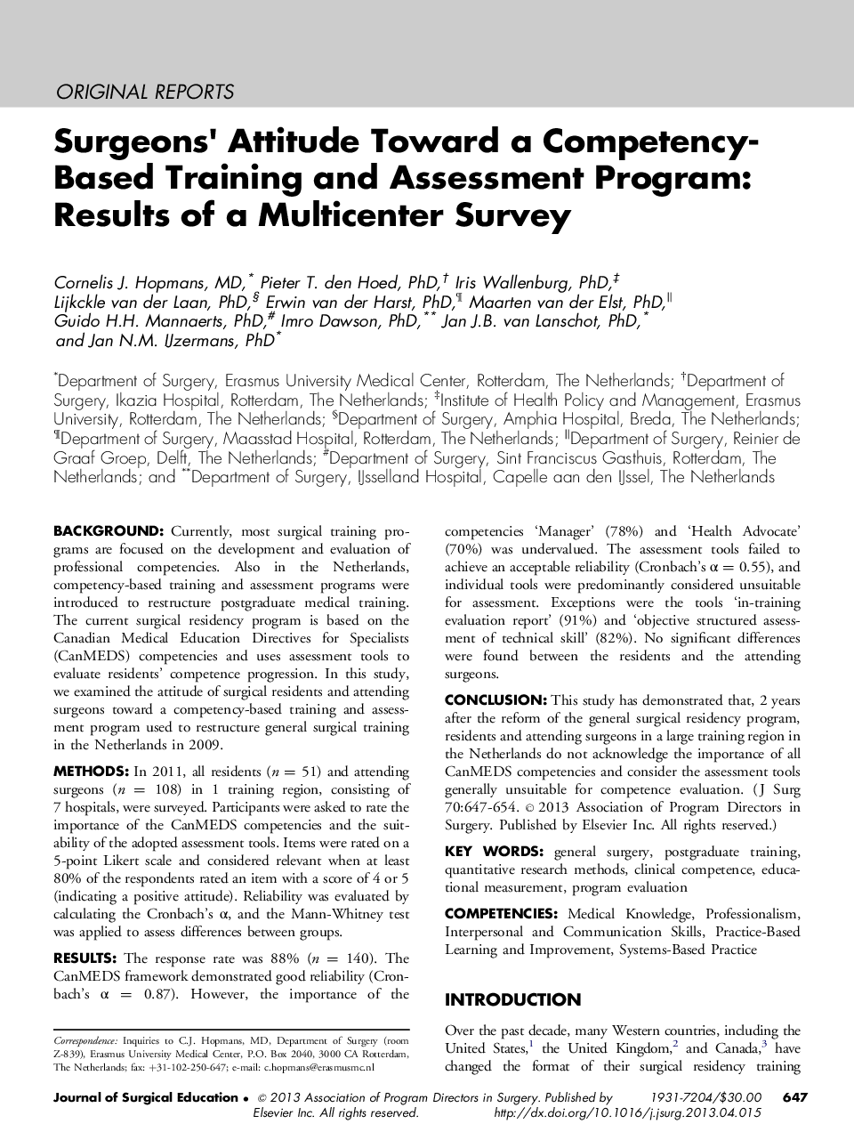 Surgeons' Attitude Toward a Competency-Based Training and Assessment Program: Results of a Multicenter Survey