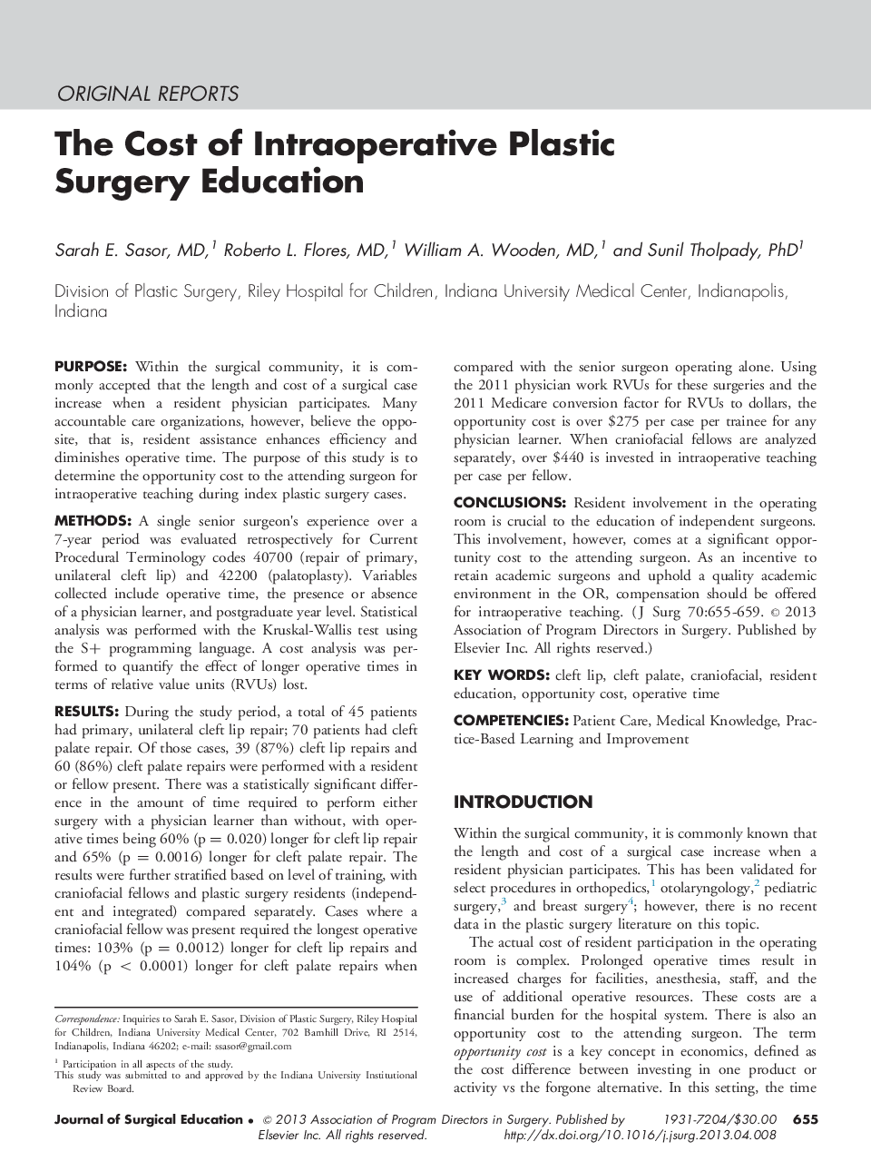 The Cost of Intraoperative Plastic Surgery Education 