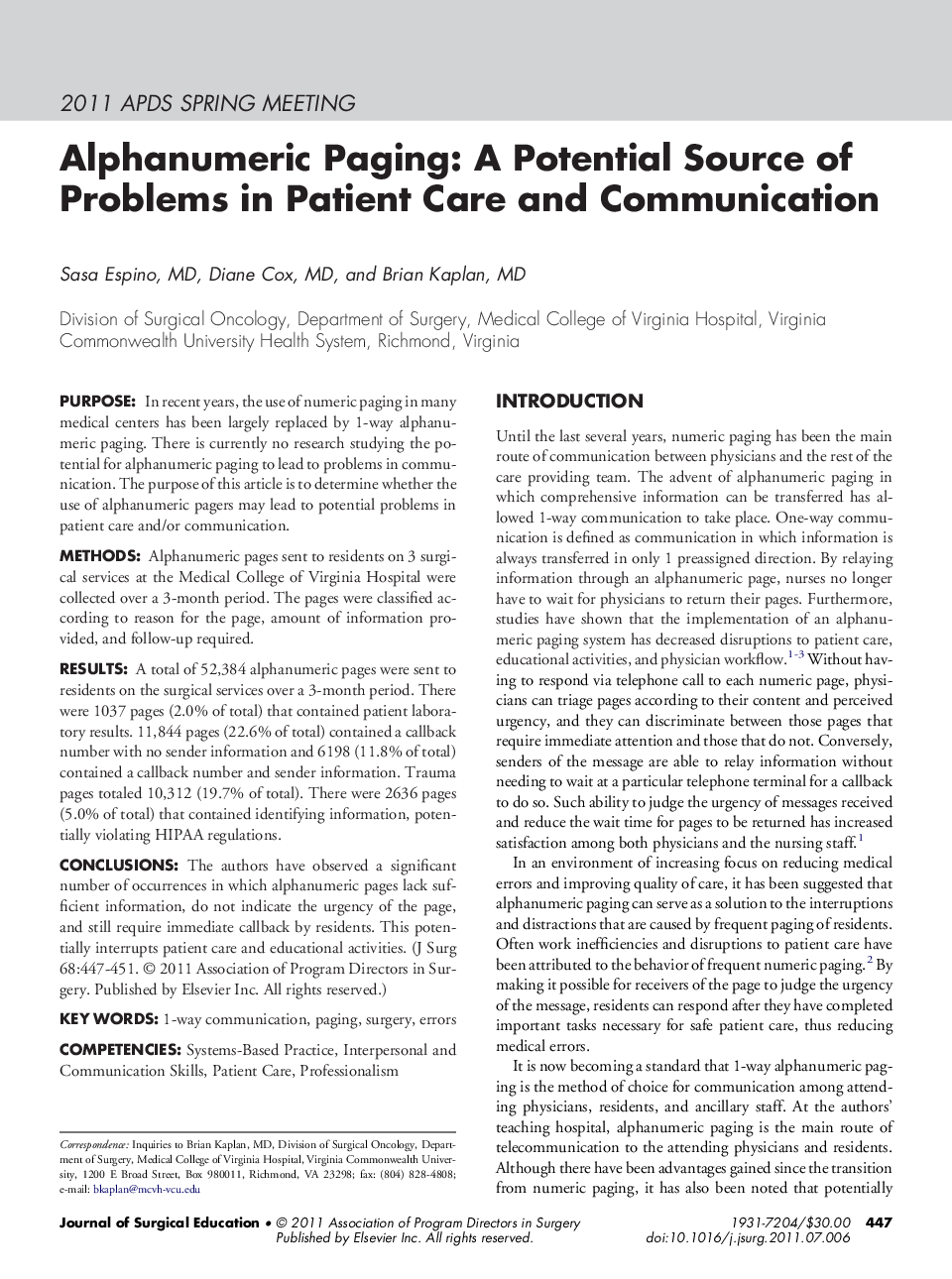 Alphanumeric Paging: A Potential Source of Problems in Patient Care and Communication