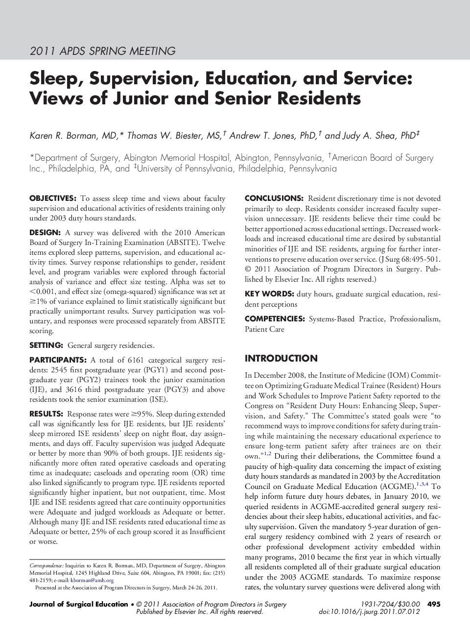 Sleep, Supervision, Education, and Service: Views of Junior and Senior Residents