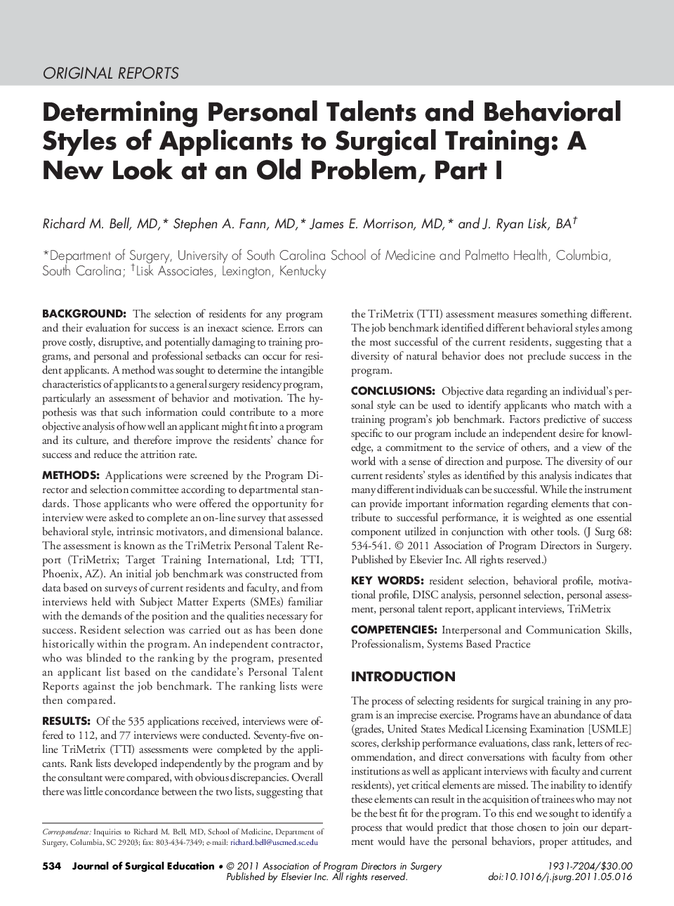 Determining Personal Talents and Behavioral Styles of Applicants to Surgical Training: A New Look at an Old Problem, Part I