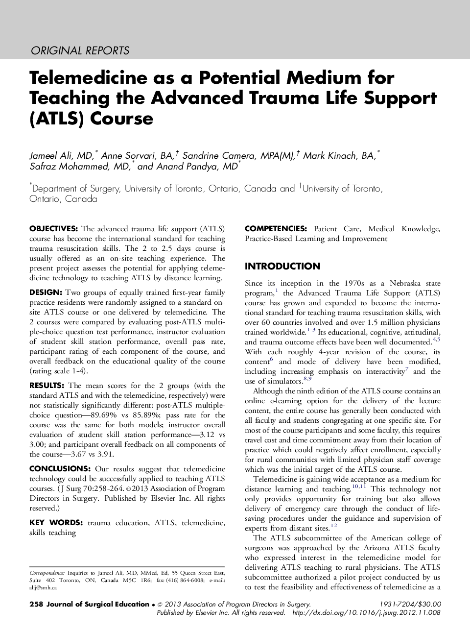 Telemedicine as a Potential Medium for Teaching the Advanced Trauma Life Support (ATLS) Course