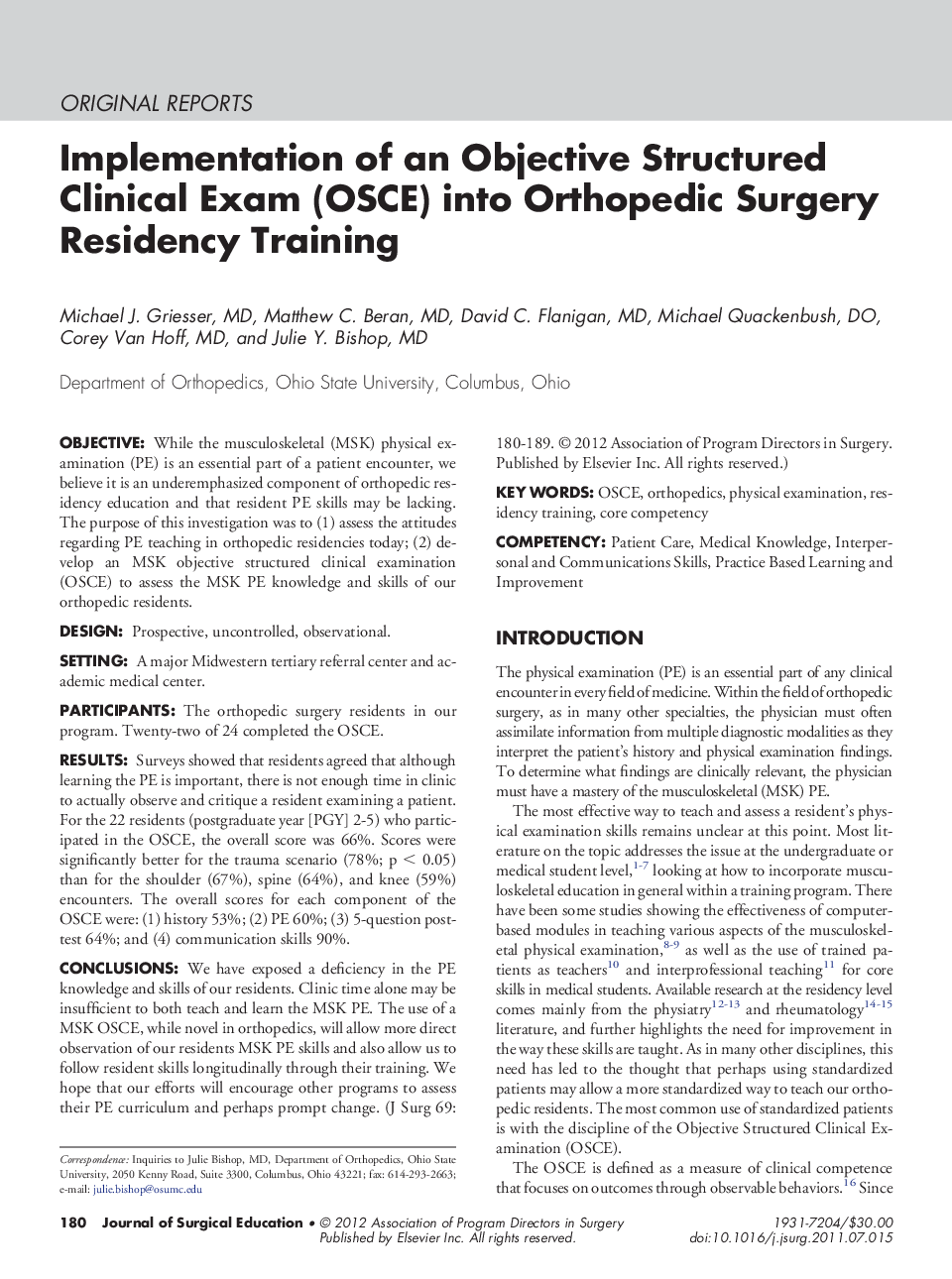 Implementation of an Objective Structured Clinical Exam (OSCE) into Orthopedic Surgery Residency Training