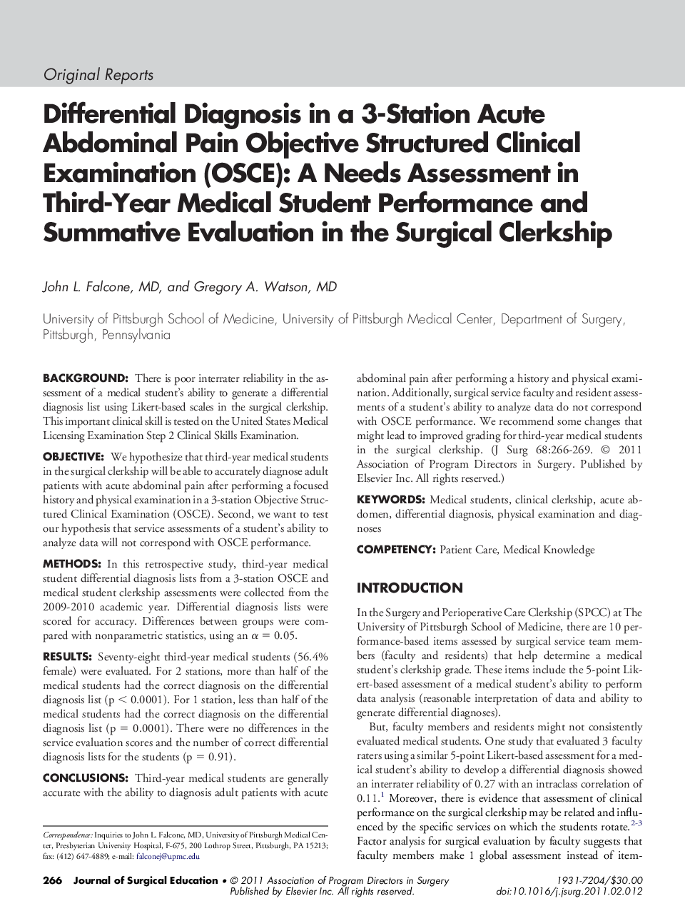Differential Diagnosis in a 3-Station Acute Abdominal Pain Objective Structured Clinical Examination (OSCE): A Needs Assessment in Third-Year Medical Student Performance and Summative Evaluation in the Surgical Clerkship