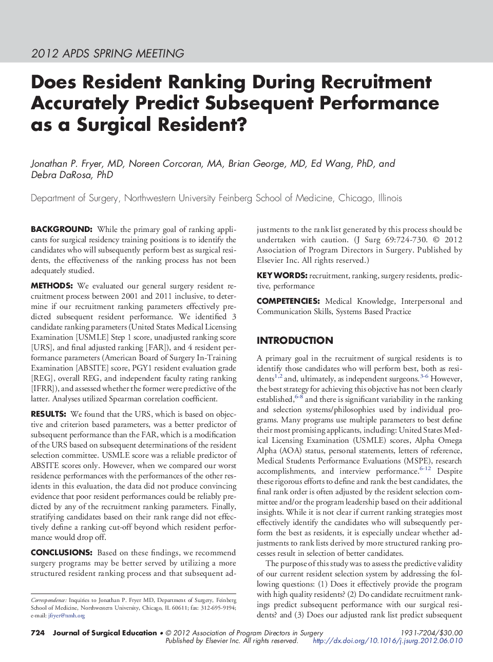 Does Resident Ranking During Recruitment Accurately Predict Subsequent Performance as a Surgical Resident?