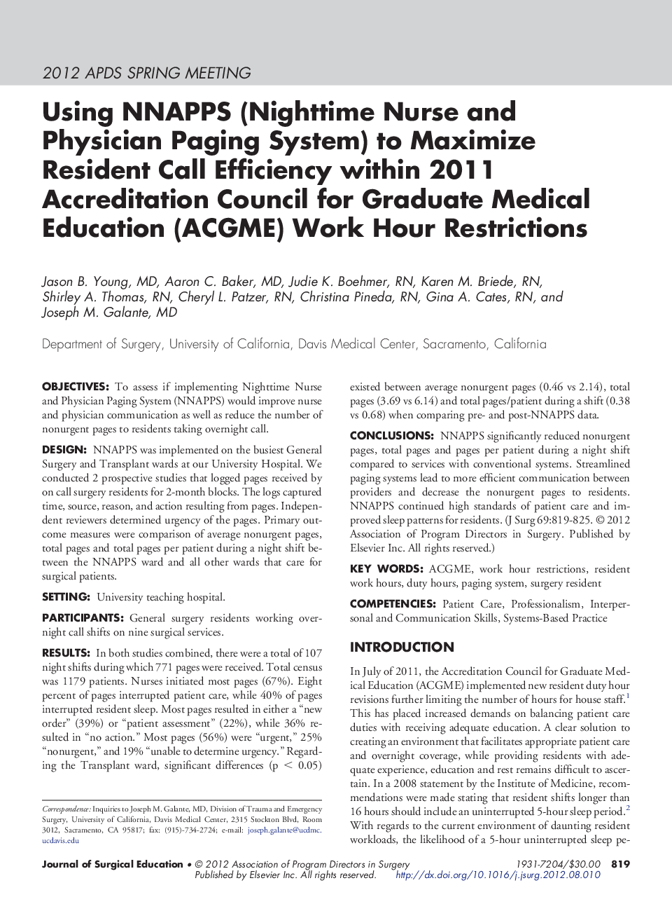 Using NNAPPS (Nighttime Nurse and Physician Paging System) to Maximize Resident Call Efficiency within 2011 Accreditation Council for Graduate Medical Education (ACGME) Work Hour Restrictions