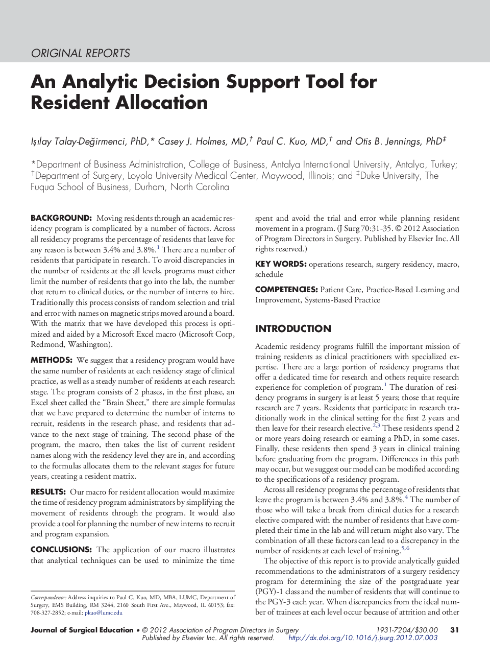An Analytic Decision Support Tool for Resident Allocation