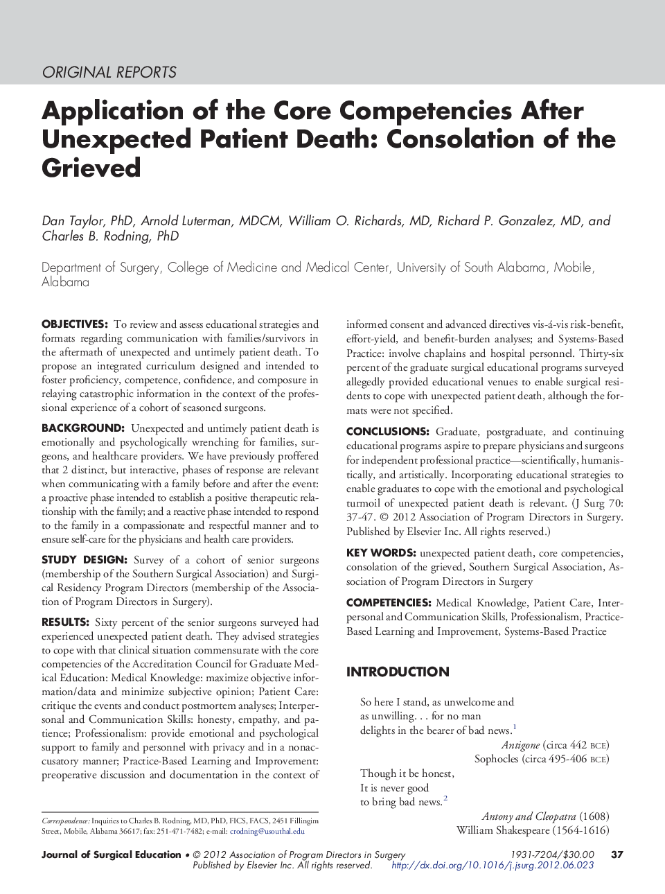 Application of the Core Competencies After Unexpected Patient Death: Consolation of the Grieved