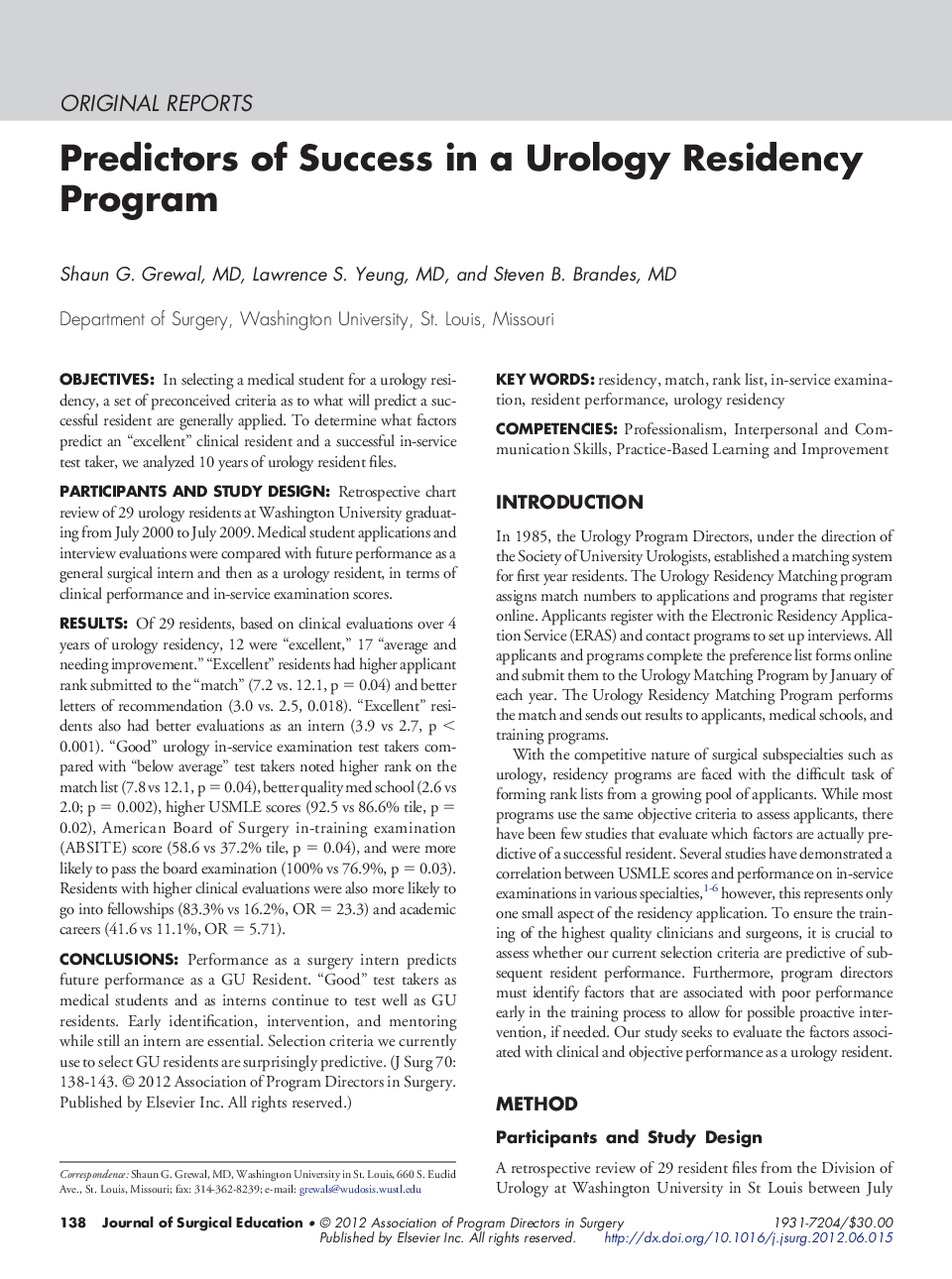 Predictors of Success in a Urology Residency Program