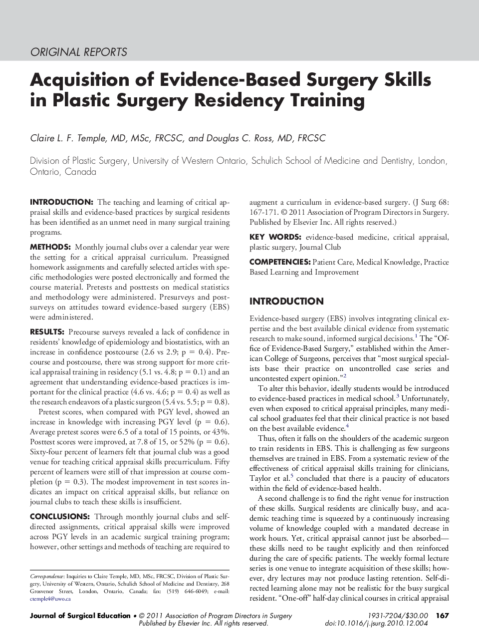 Acquisition of Evidence-Based Surgery Skills in Plastic Surgery Residency Training