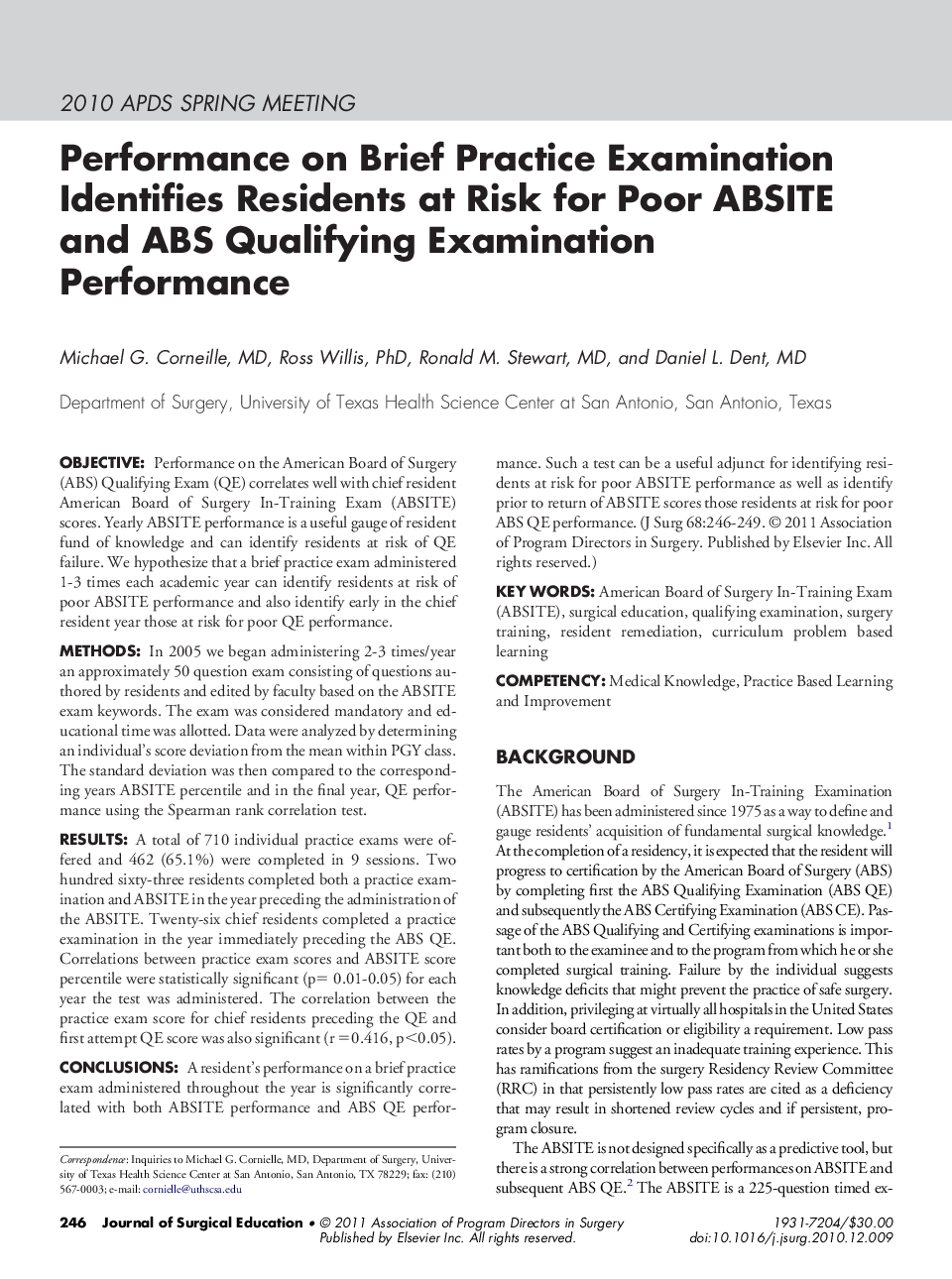 Performance on Brief Practice Examination Identifies Residents at Risk for Poor ABSITE and ABS Qualifying Examination Performance