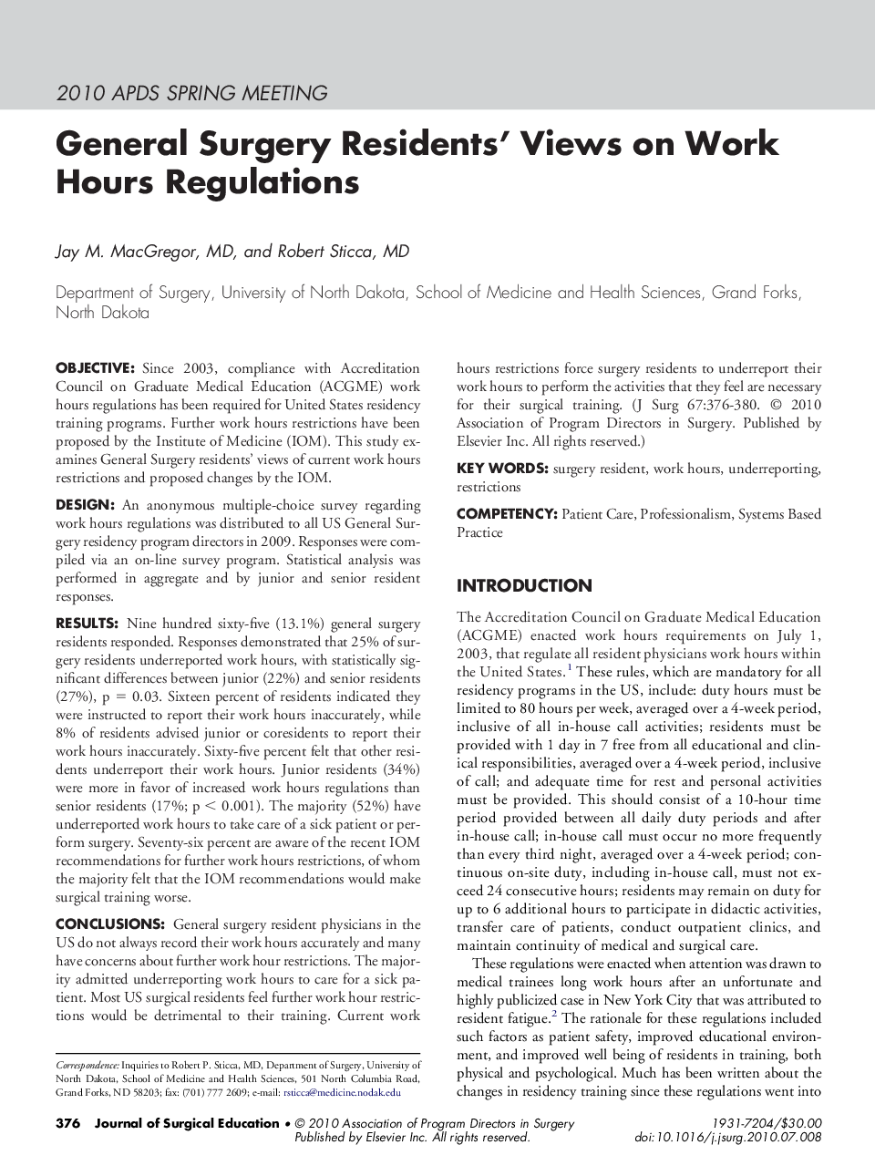 General Surgery Residents' Views on Work Hours Regulations