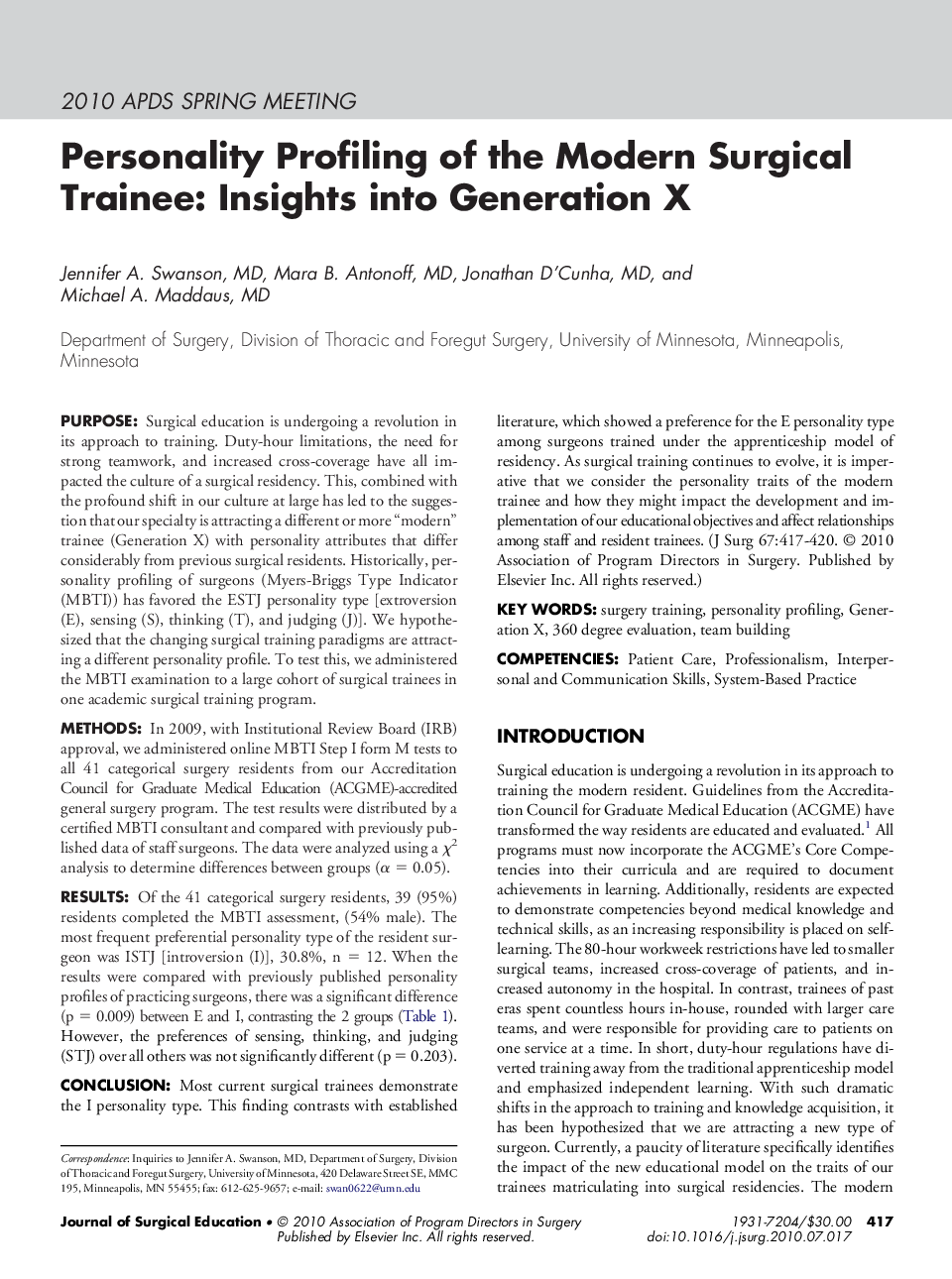 Personality Profiling of the Modern Surgical Trainee: Insights into Generation X