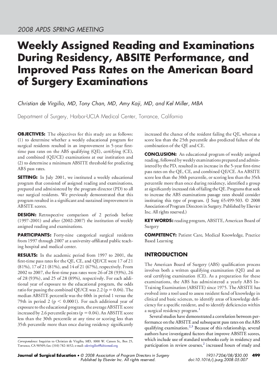Weekly Assigned Reading and Examinations During Residency, ABSITE Performance, and Improved Pass Rates on the American Board of Surgery Examinations