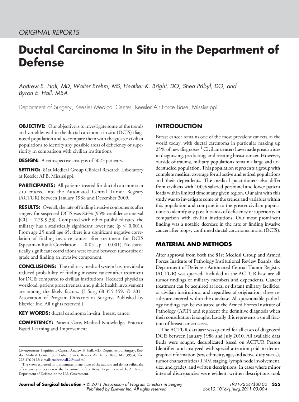 Ductal Carcinoma In Situ in the Department of Defense 