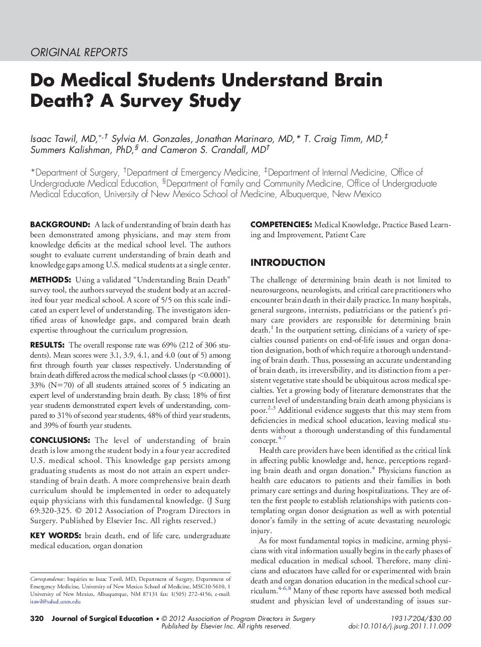 Do Medical Students Understand Brain Death? A Survey Study