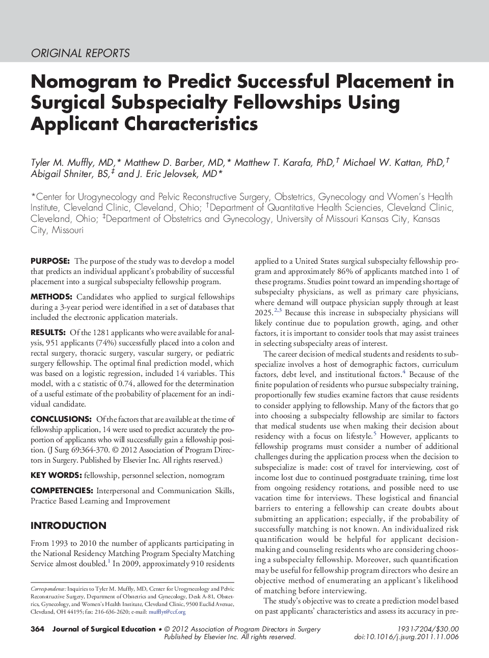 Nomogram to Predict Successful Placement in Surgical Subspecialty Fellowships Using Applicant Characteristics